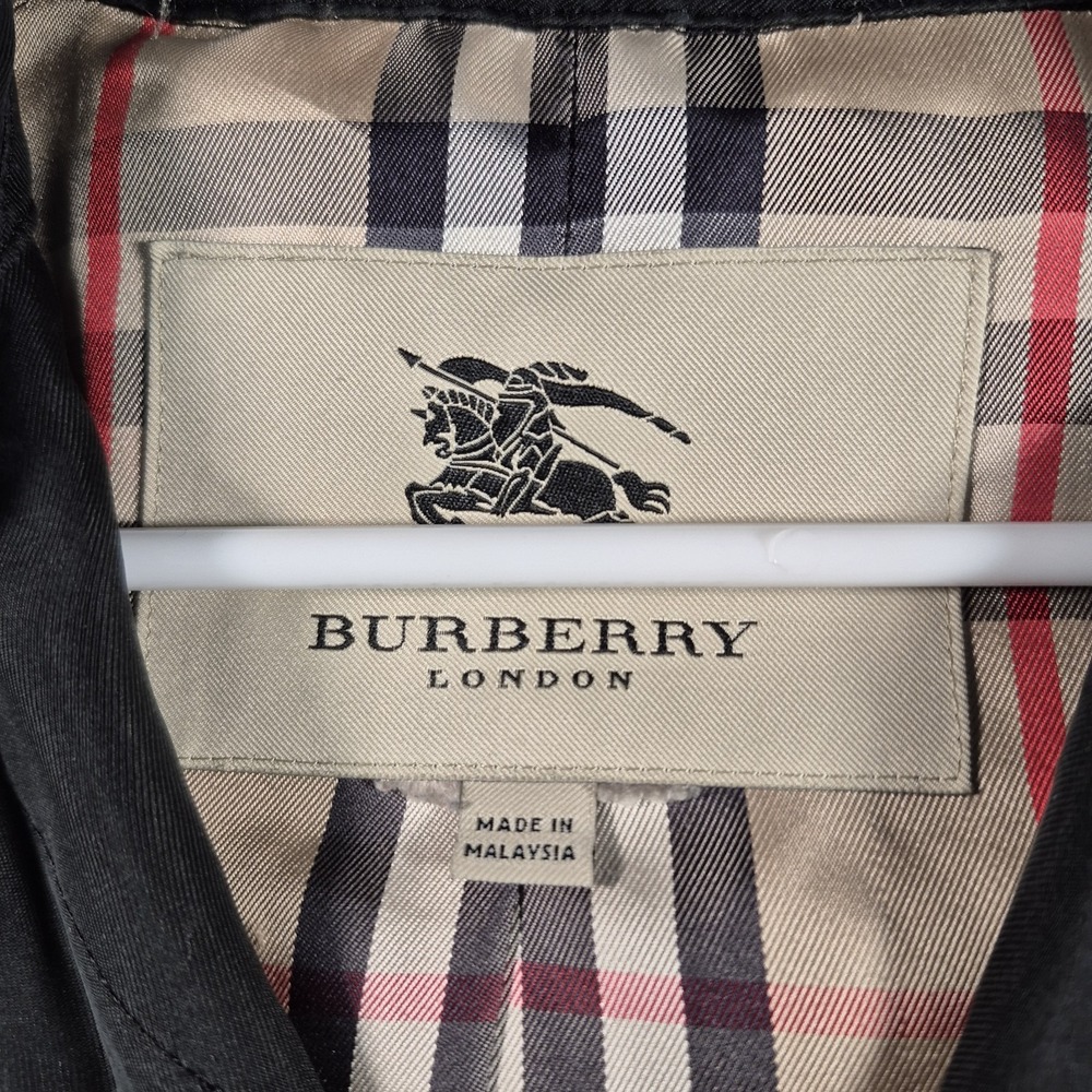 Burberry Silk Hooded Car Coat Jacket Nova Check Cuff Women's L Black Lightweight - Picture 3 of 9